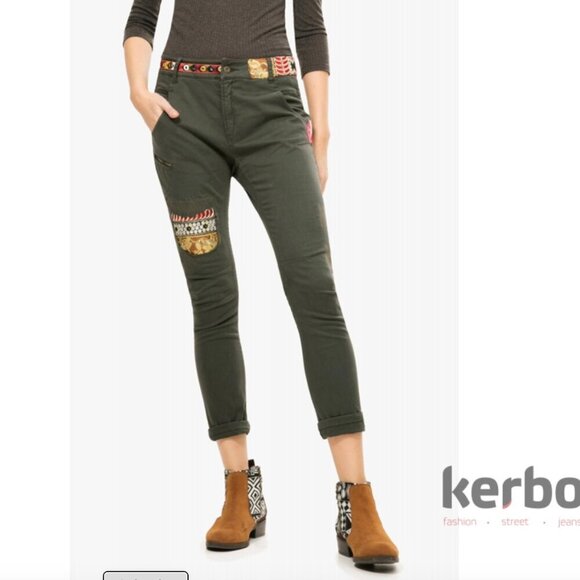 DESIGUAL Olive Green Ribbon Patchwork Embroidered Design Skinny Ankle Jeans 24 - Picture 14 of 14